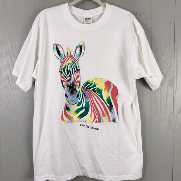Anvil Other - Vintage 90s Rainbow Stripe Zebra Shirt L Novelty Be Original Graphic Print Pride